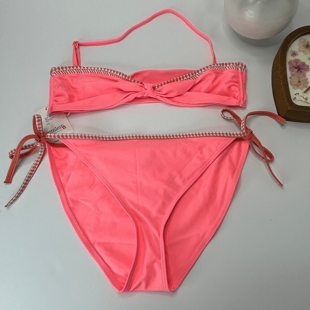 Lemlem Lena Two Piece Bandeau Top/Bikini Bottom Coral Women Large NWT